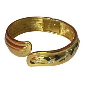 Vintage Designer Alana Stewart Gold Tone Leopard Print Hinged Cuff Bracelet